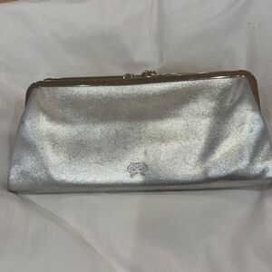 RARE Anya Hindmarch Metallic Silver Leather Bifold Double Kisslock Wallet Clutch